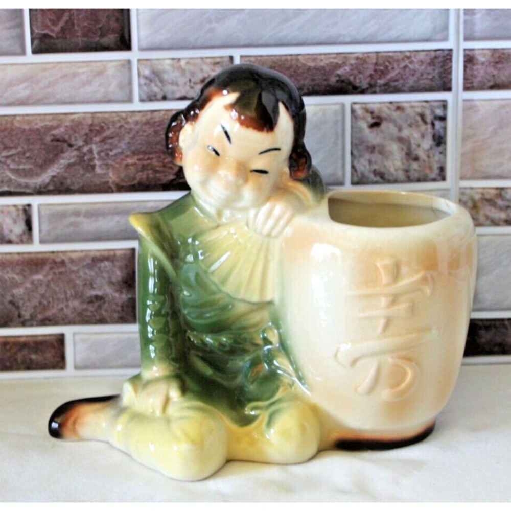 Vintage Royal Copley Art Pottery Asian Girl Planter Chinese Oriental Vase 1950's